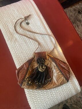 Reem Acra Brown and Tan Leather Fringe Crossbody New never used